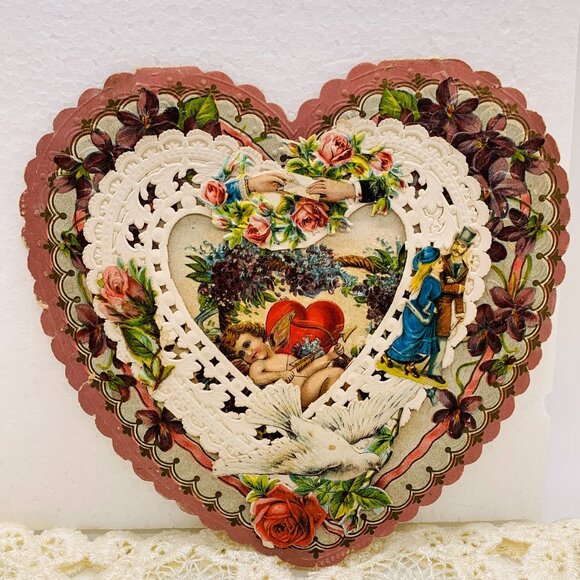 Antique Victorian Valentine Paper Lace 1800s Embossed Greeting Card - Picture 1 of 6
